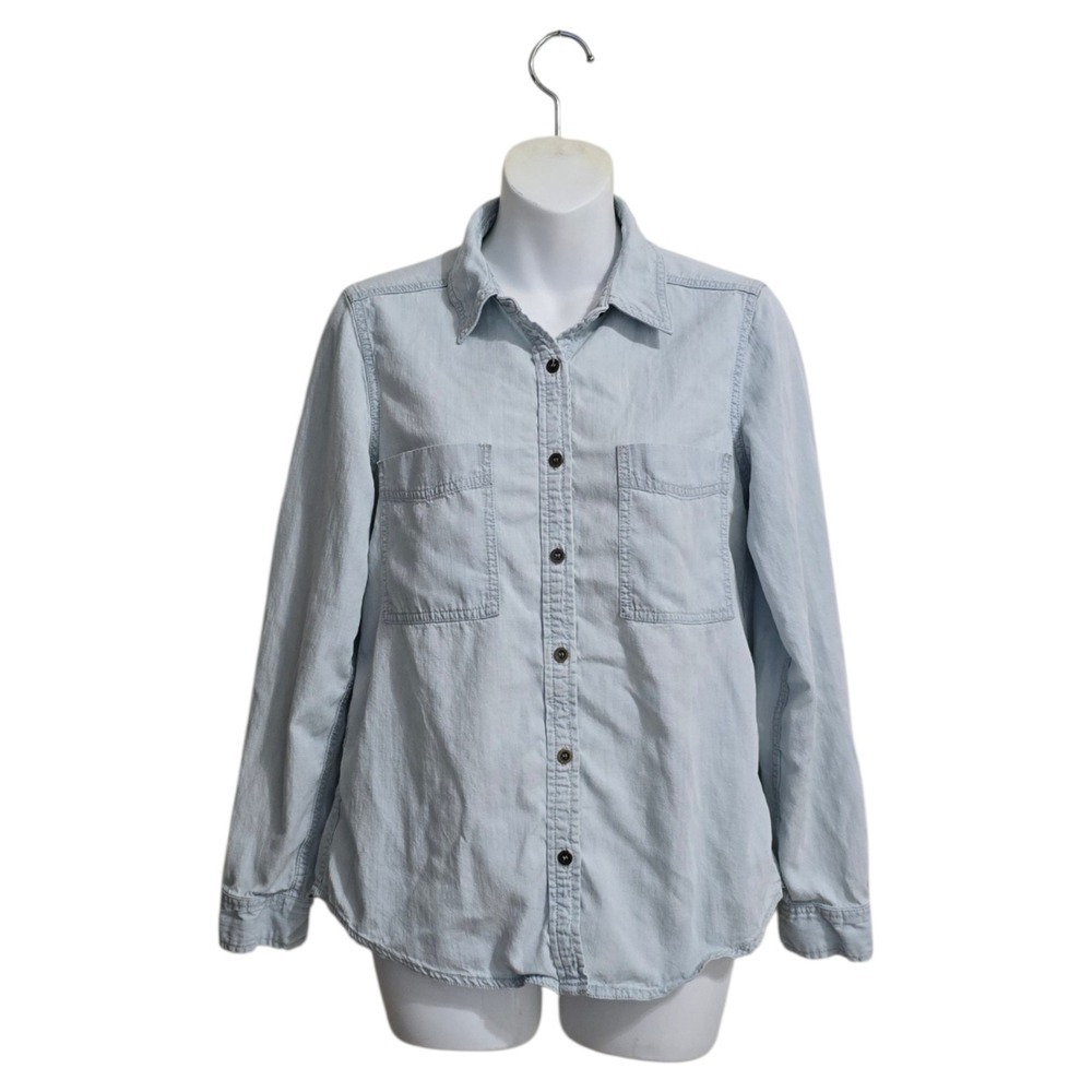 Eileen Fisher Long Sleeve Cotton Chambray Blend Button Down Shirt Sz XS